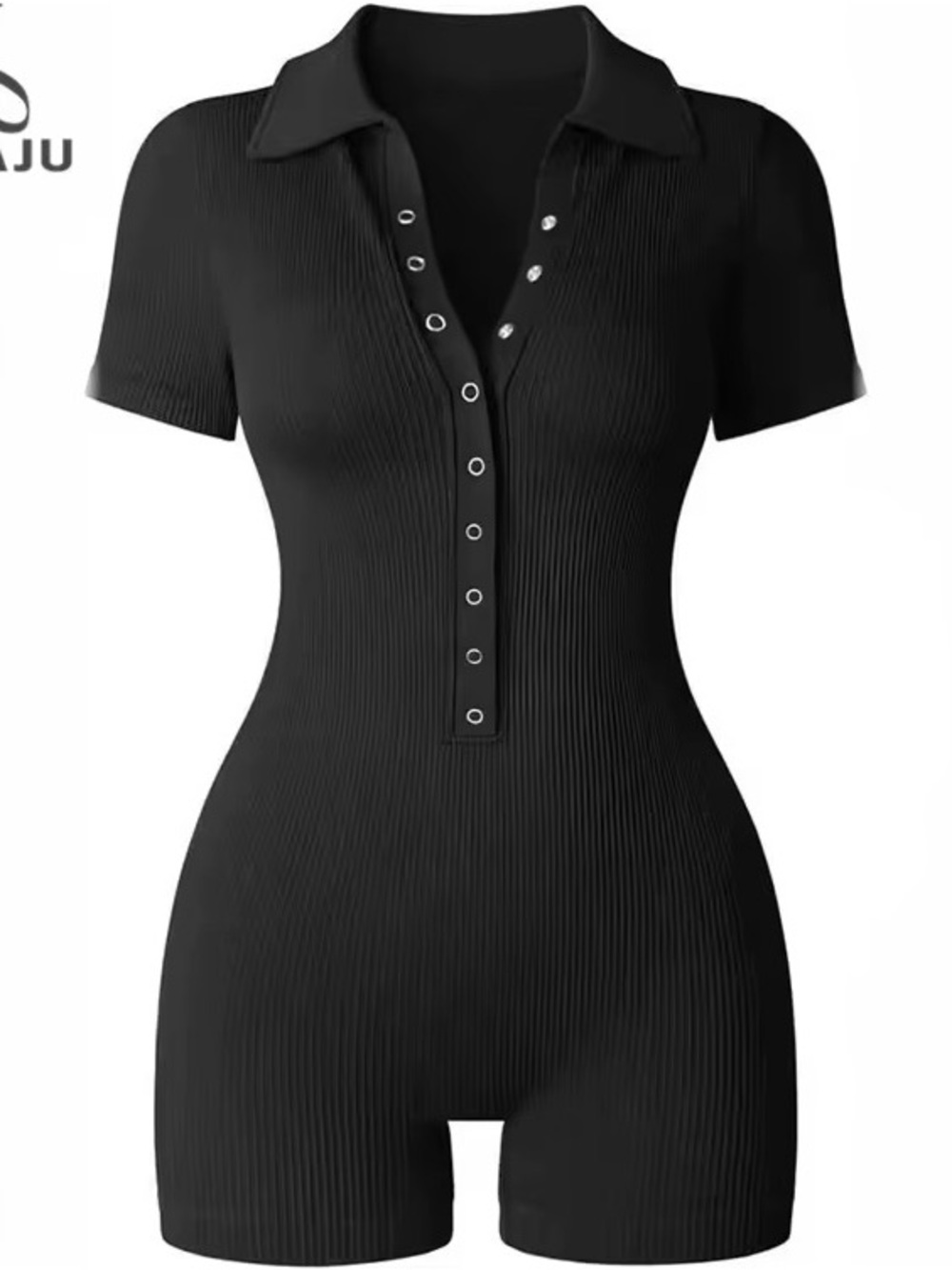 Black Button-Up Short Rompers - Picture 2 of 3